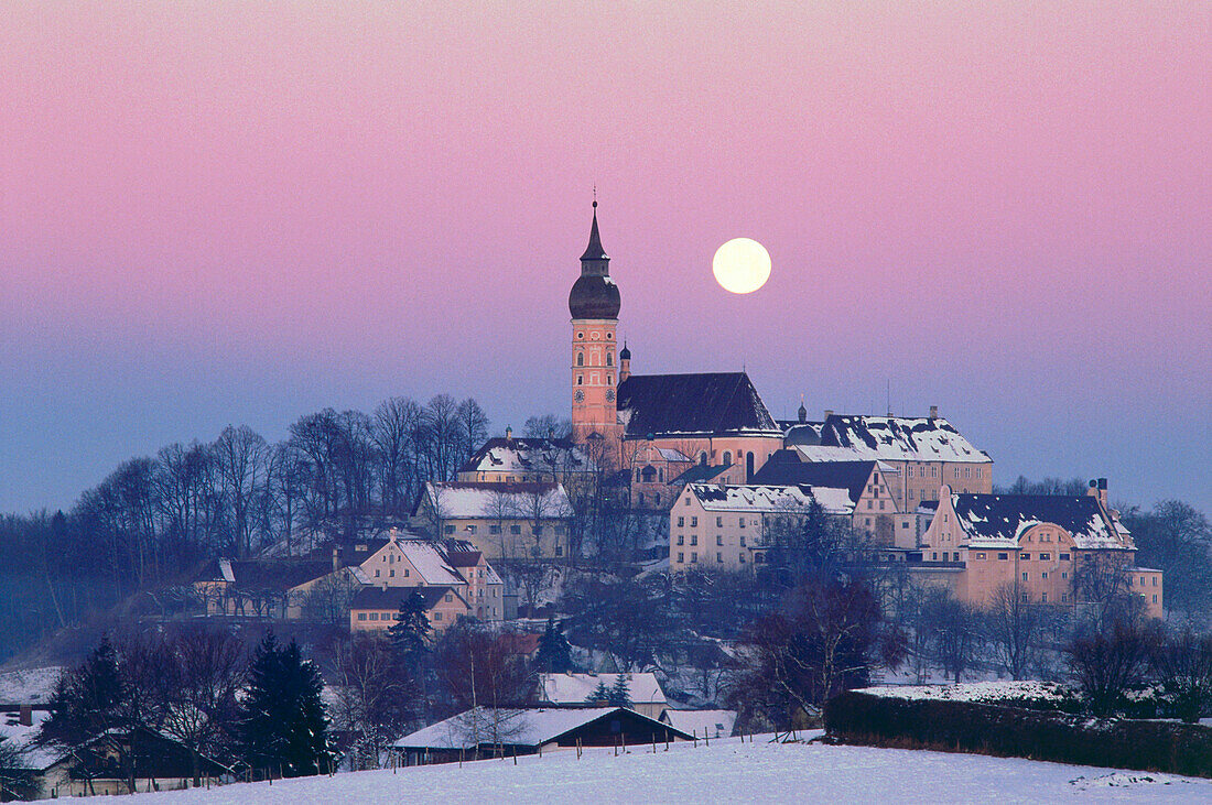 Fullmoon, Andechs in winter, Monastery Andechs, Alpine Upland Bavaria, Germany
