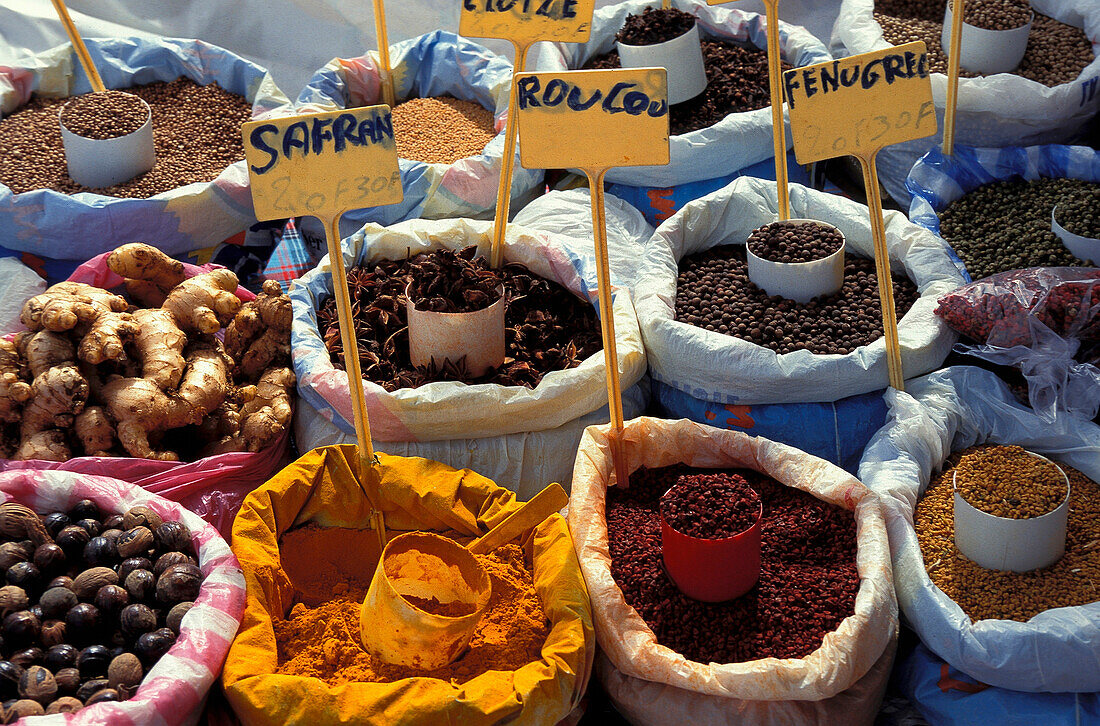 Spices at the market, Guadeloupe, Caribbean, America
