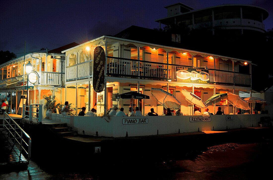 Harbour Pub at dusk, Iles de Saintes, Guadeloupe Caribbean, America