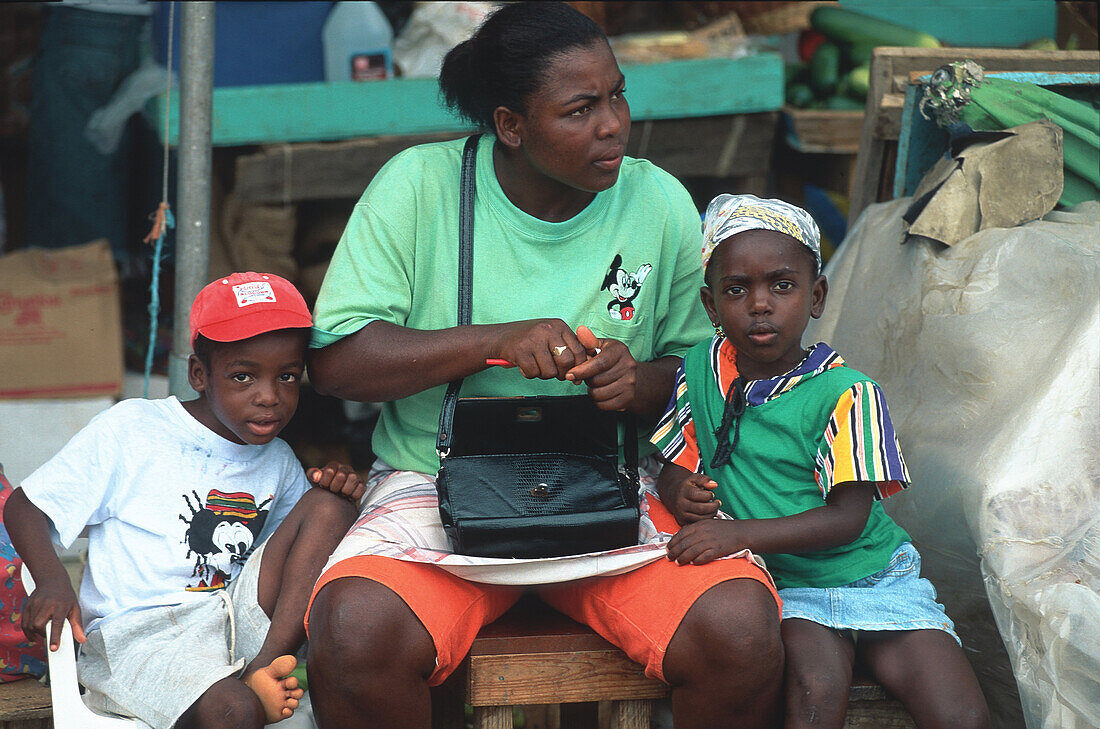 Mother with her two sons, St. Lucia, Caribbean
