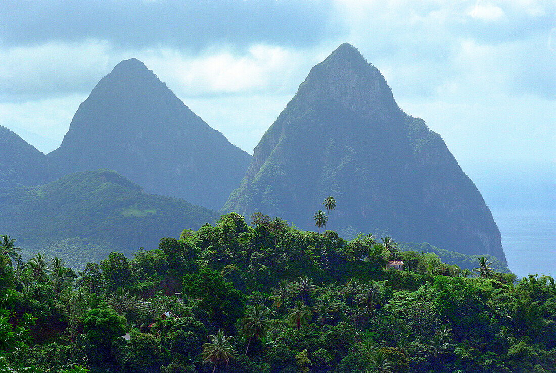 Mountains under clouded sky, Pitons, Soufriere, St. Lucia, Caribbean, America