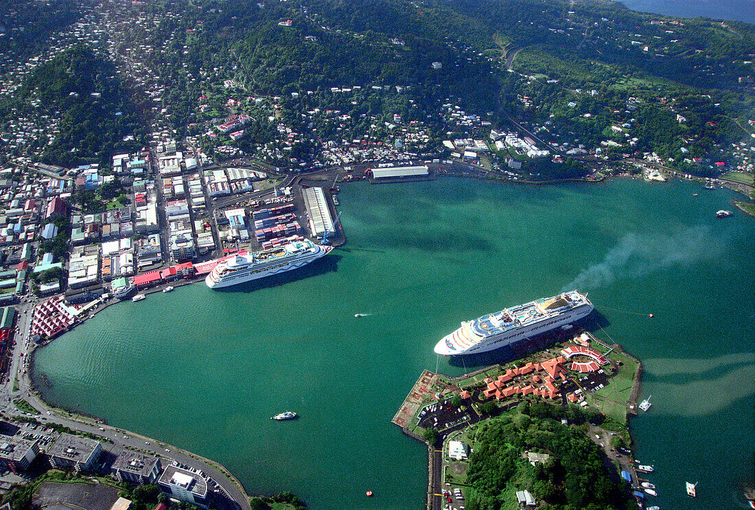 Aerial View of harbour, Cruise liners, St. Lucia, Caribbean