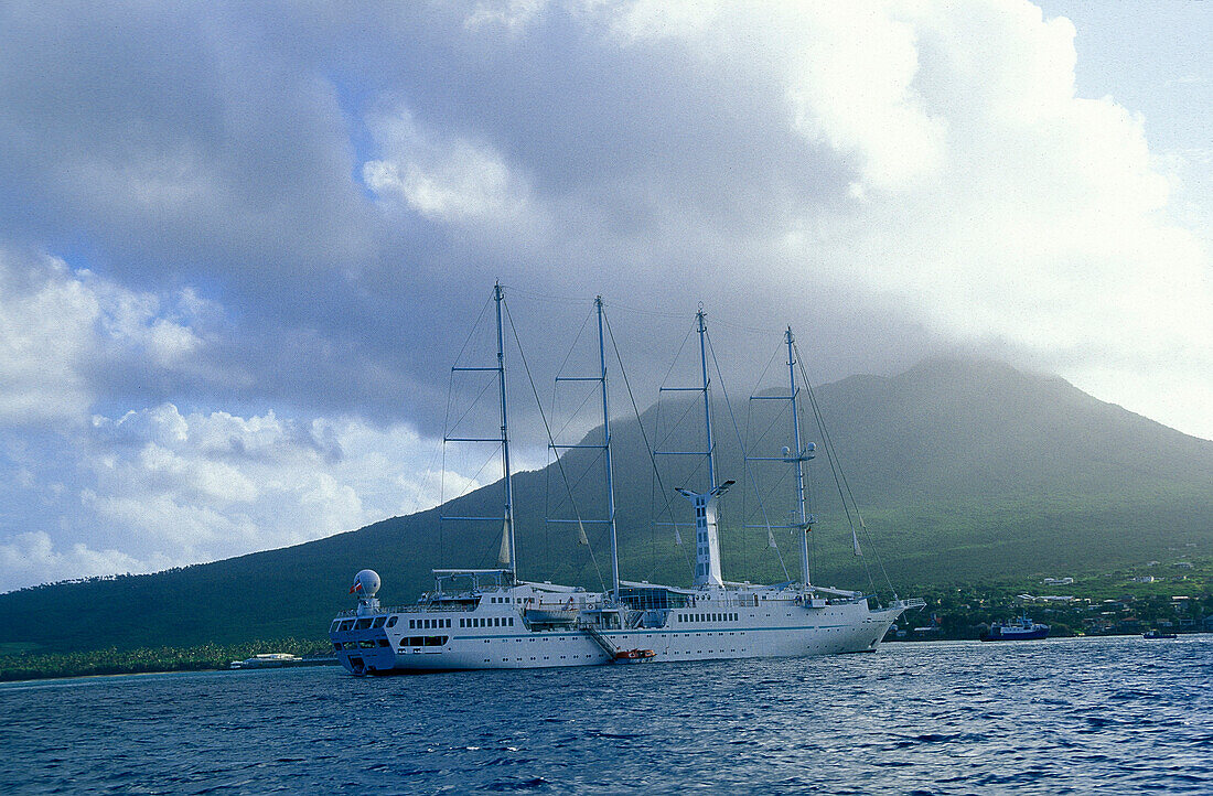 Sailing ships off shore, St. Kitts, St. Christopher, Caribbean, America