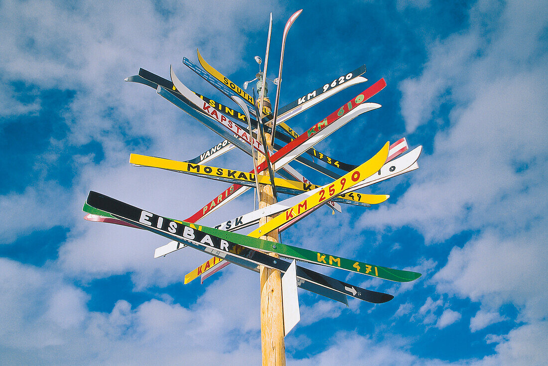 Signpost made of skies, Zermatt, Canton Valais, Switzerland