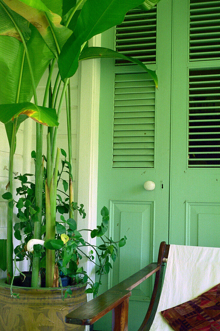 Chair on veranda, Balembouche, old plantation, today accommodation, St. Lucia, Caribbean