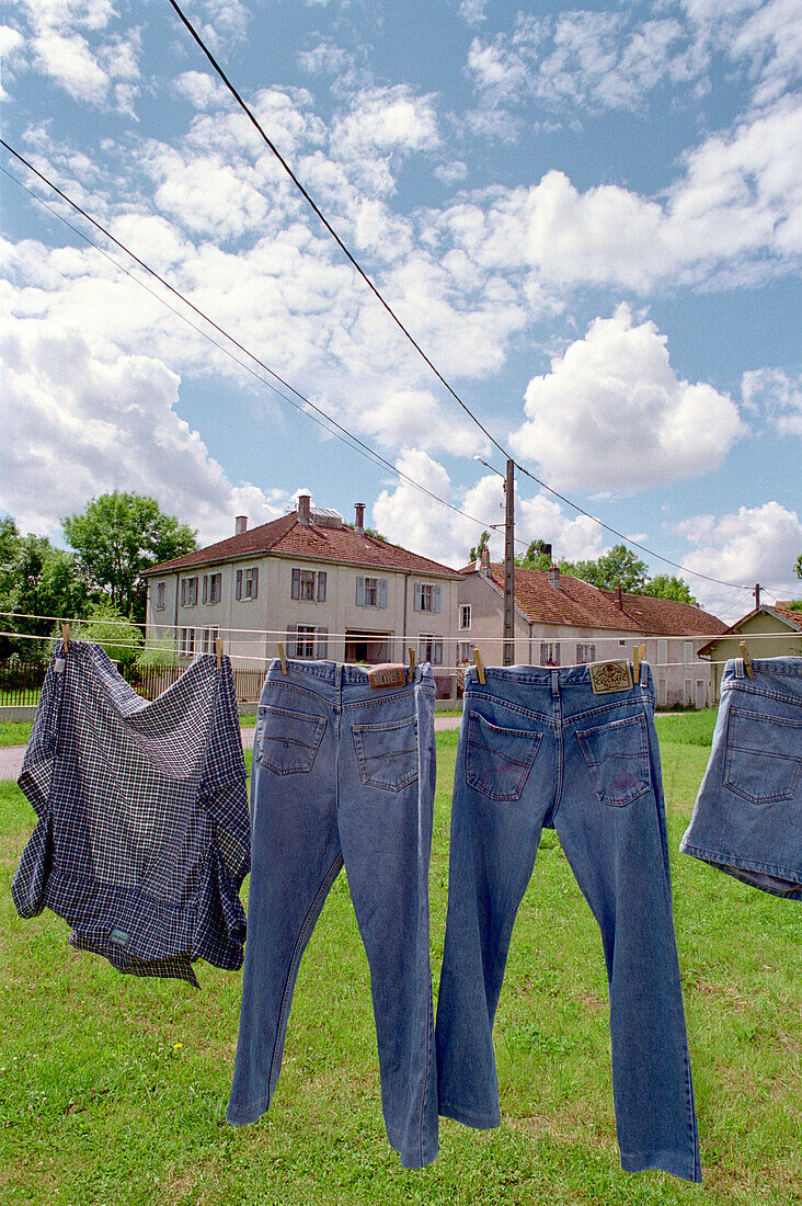 Washing hanging on clothesline, Vogesen, France