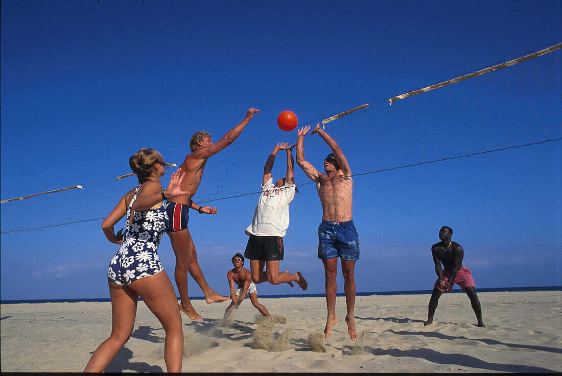 Sotavento de Jandia, Beachvolleyball, Fuerteventura, Kanarische Inseln, Spanien, Europa