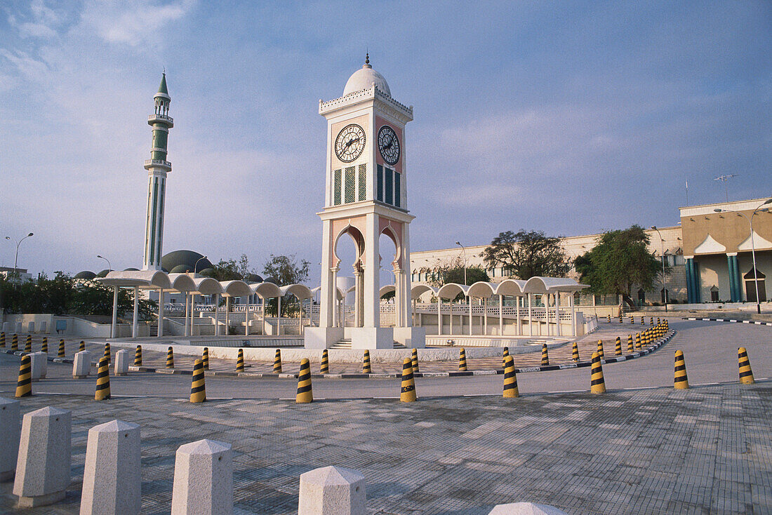 View at clock tower and minaret, Doha, Qatar, Asia