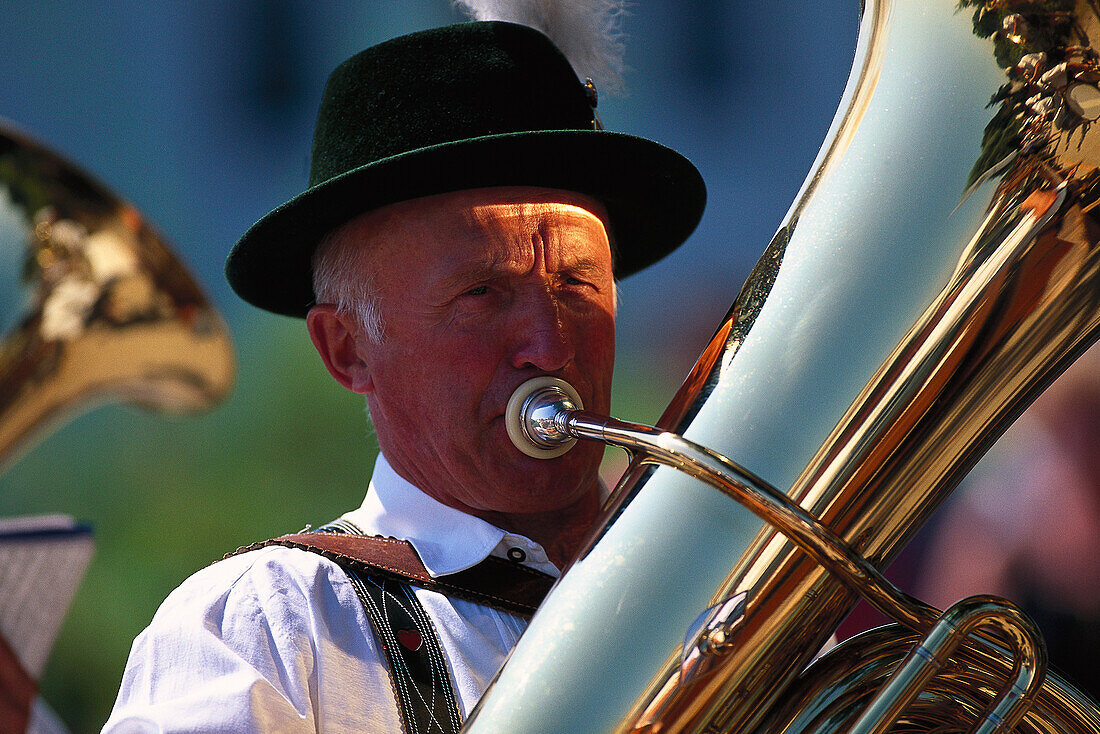 Traditional musician plays tuba, Upper Bavaria, Germany