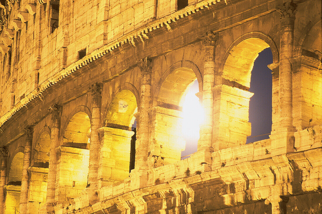 Detail of the Colosseum at night, Rome, Italy, Europe