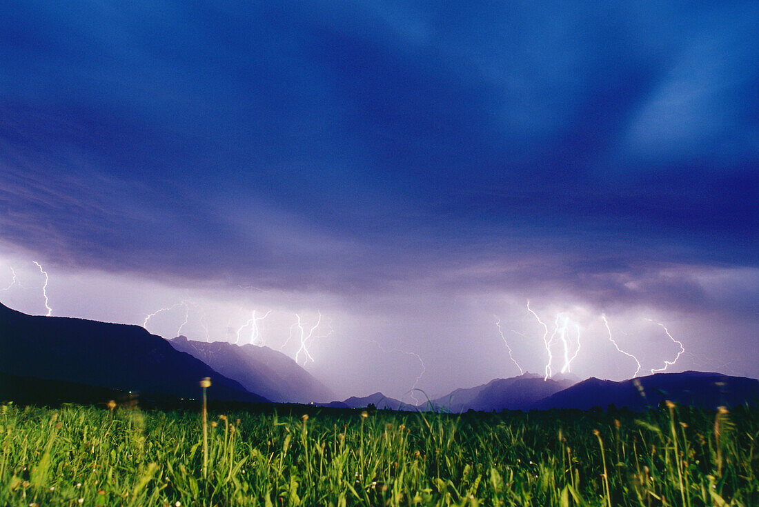 Lightnings of a thunderstorm, Wetterstein Mtn., Werdenfelser Land, Upper Bavaria, Germany