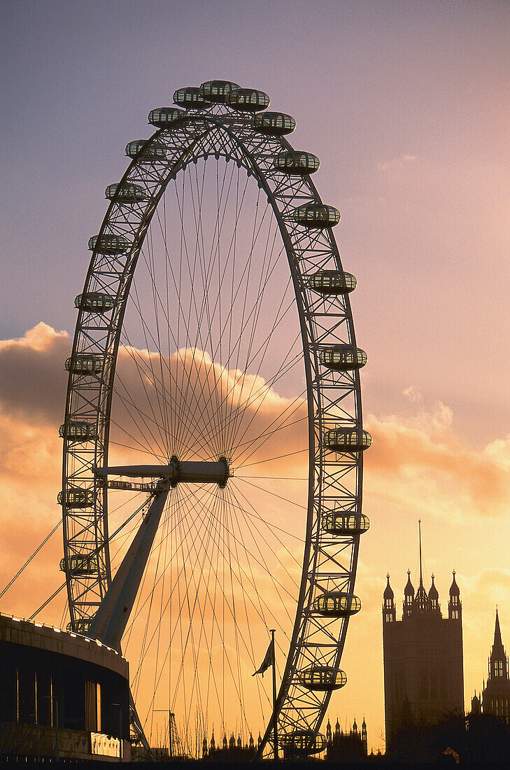 London Eye und Westminster Palace in der Abenddämmerung, London, England, Großbritannien, Europa