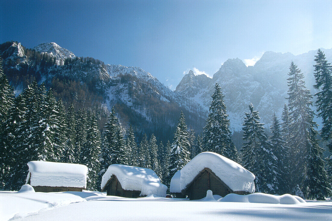 Three cabins in winter landscape, Carinthia, Austria