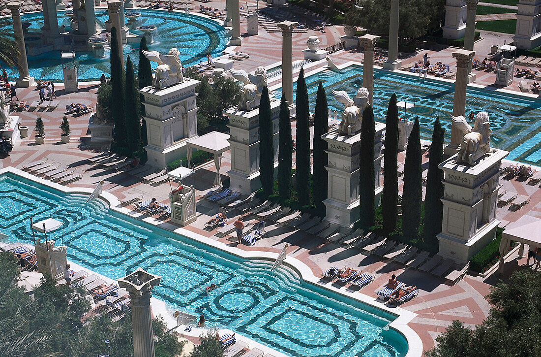 Terrace and pools in the sunlight, Cesars Palace Hotel &amp; Casino, Las Vegas, Nevada, USA, America