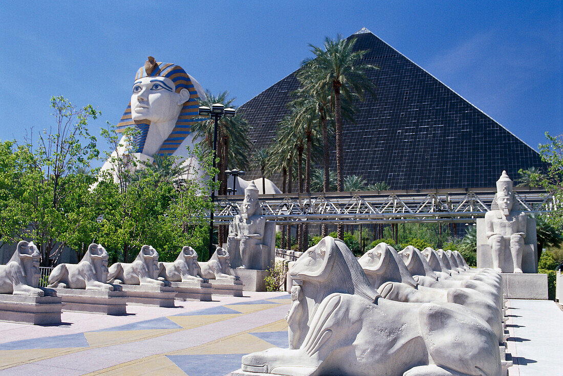 Pyramid and sculptures of the Luxor Hotel &amp; Casino in the sunlight, Las Vegas, Nevada, USA, America