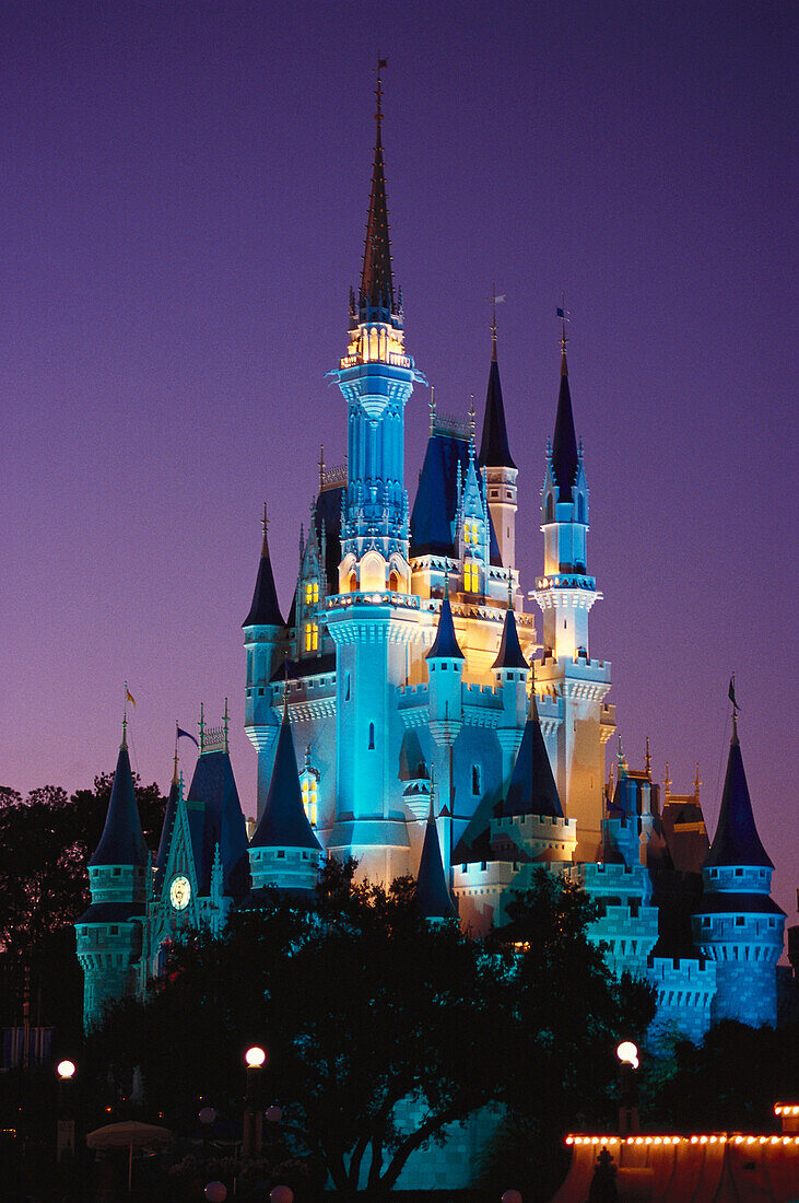 Illuminated fairy-tale castle at night, Magic Kingdom, Disneyworld, Orlando, Florida, USA, America