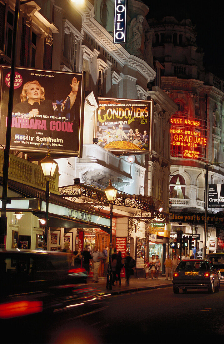 Theatres in the Shaftsbury Avenue in the evening, Soho, London, England, Great Britain