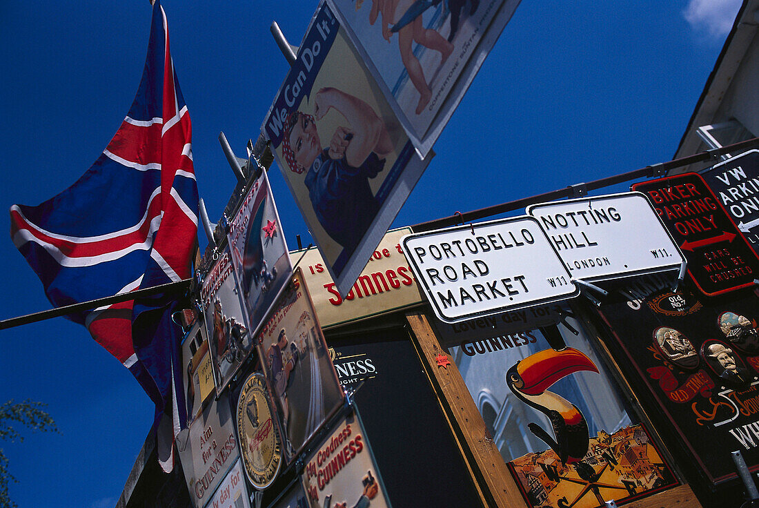 Schilder in der Portobello Road Market, Portobello Road Market, London, England, Großbritanien