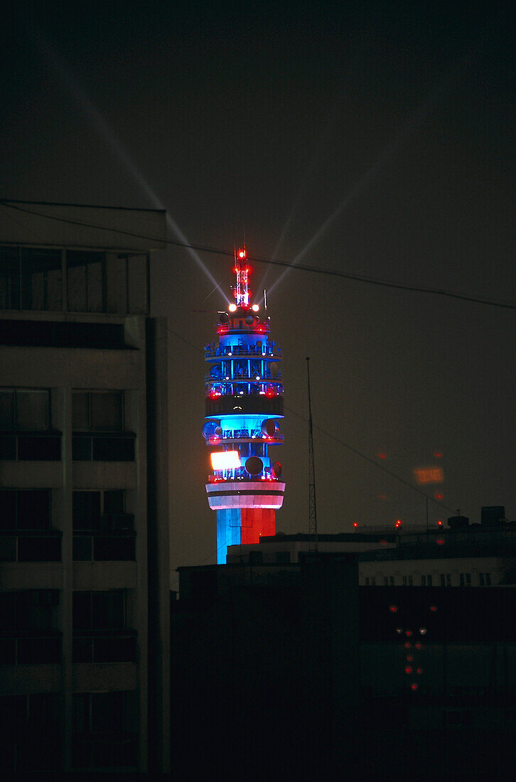 Illuminated Entel tower at night, Santiago Chile, South America, America
