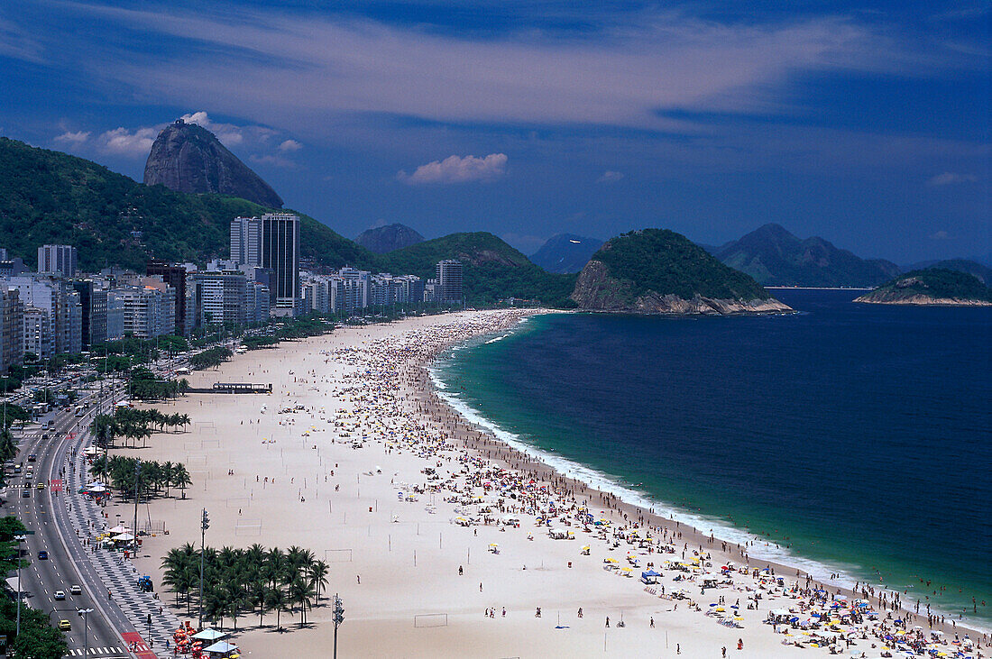 View at Copacabana and Leme beaches in the sunlight, Rio de Janeiro, Brazil, South America, America