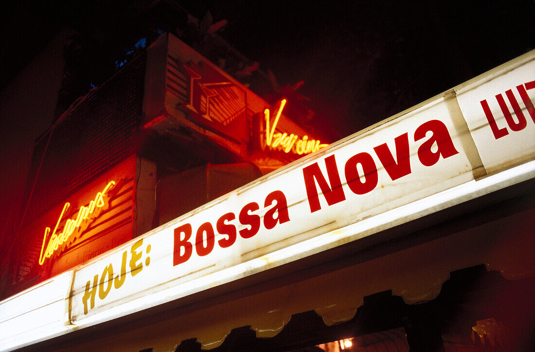 Illuminated neon sign at night, Rio de Janeiro, Brazil, South America, America