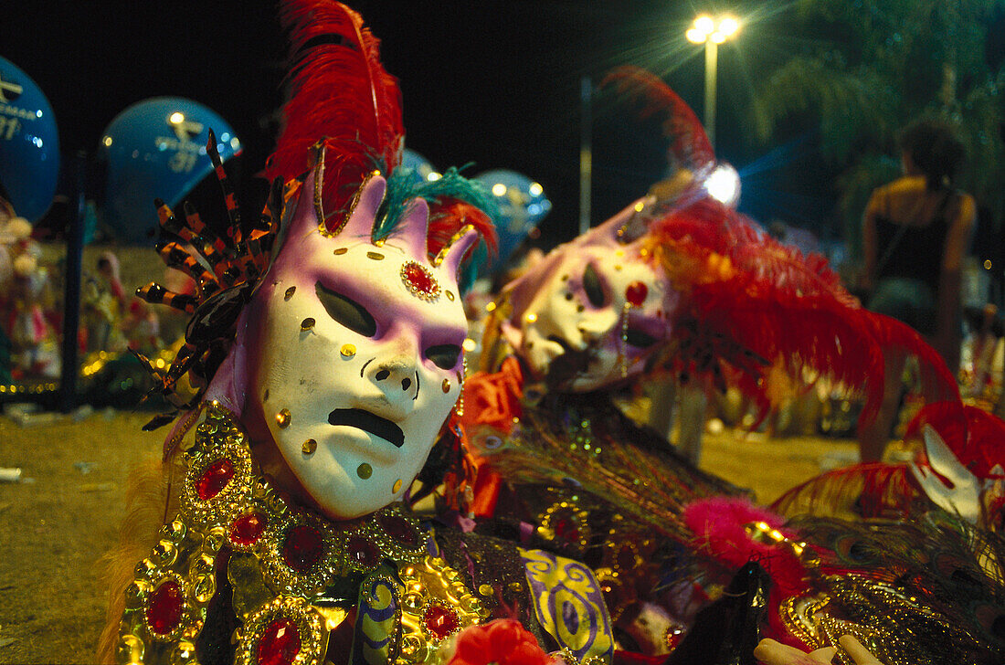 Decorated carnival masks at night, Rio de Janeiro, Brazil, South America, America