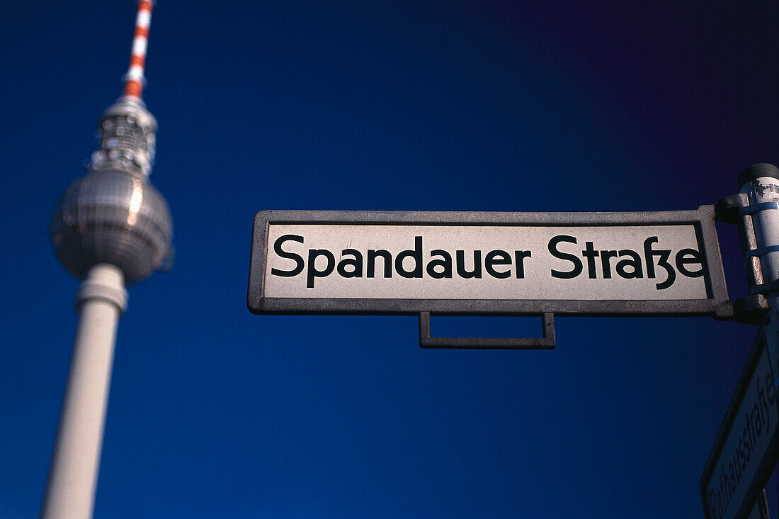 Street sign and Television Tower, Berlin, Germany