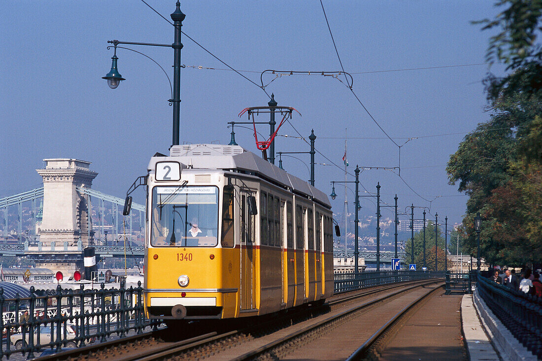 Tram line number 2 on the Danube, Chain bridge, Budapest, Hungary