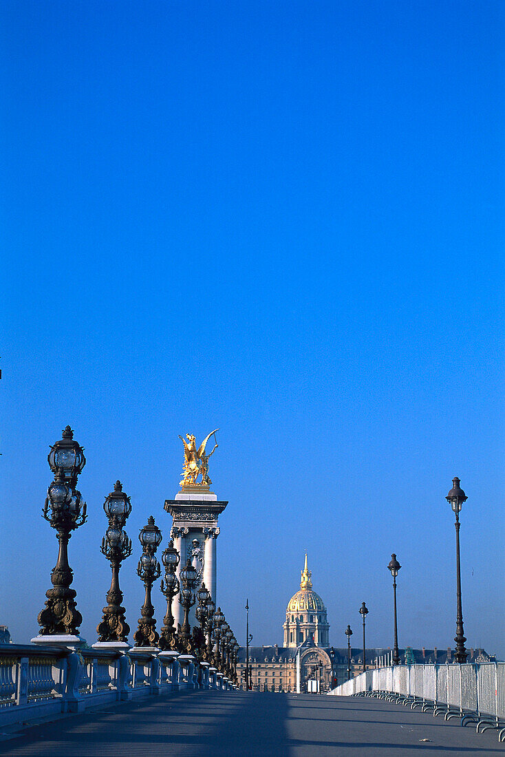 Blick auf Petit Palais von der Brücke Pont Alexandre III, Paris, Frankreich