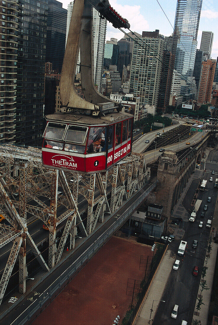 View at Roosevelt Island Tram above streets of Manhattan, New York, USA, America