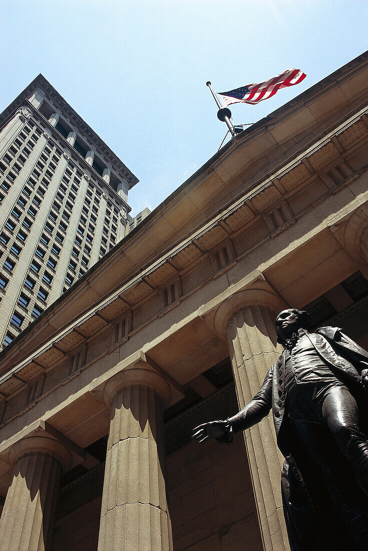 Low angle view at buildings at Wall Street, Financial District, Manhattan, New York, USA, America