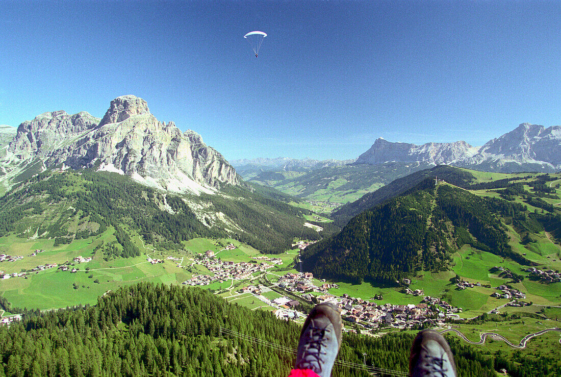 Paragliding over Corvara, Dolomites, Alta Badia South Tyrol. Italy
