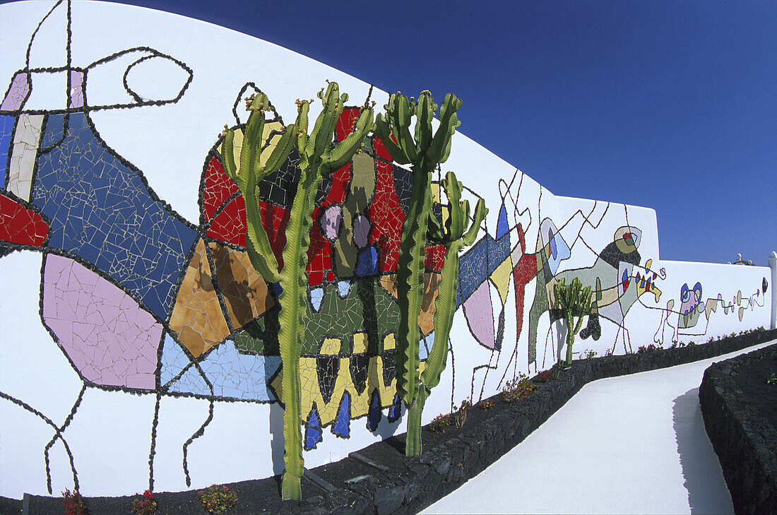 Colourful wall and cactuses under blue sky, Fundatión César Manrique, Tahiche, Lanzarote, Canary Islands, Spain, Europe