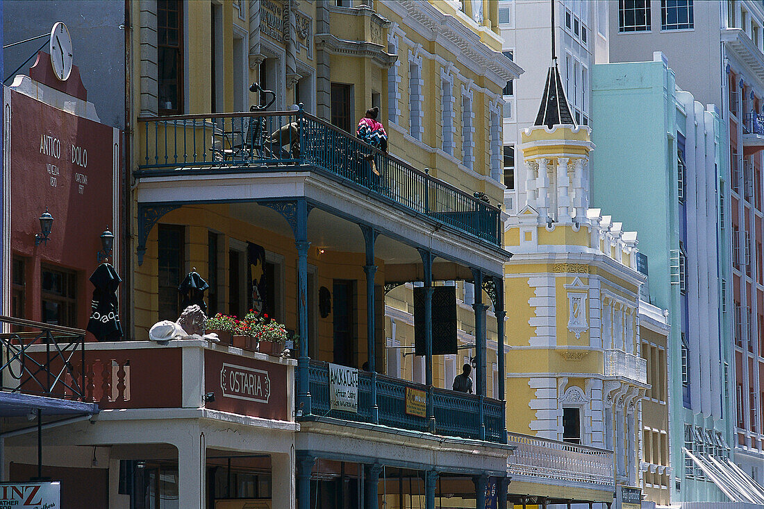 View at houses' facades and balconies, Long Street, Downtown, Cape Town, South Africa, Africa