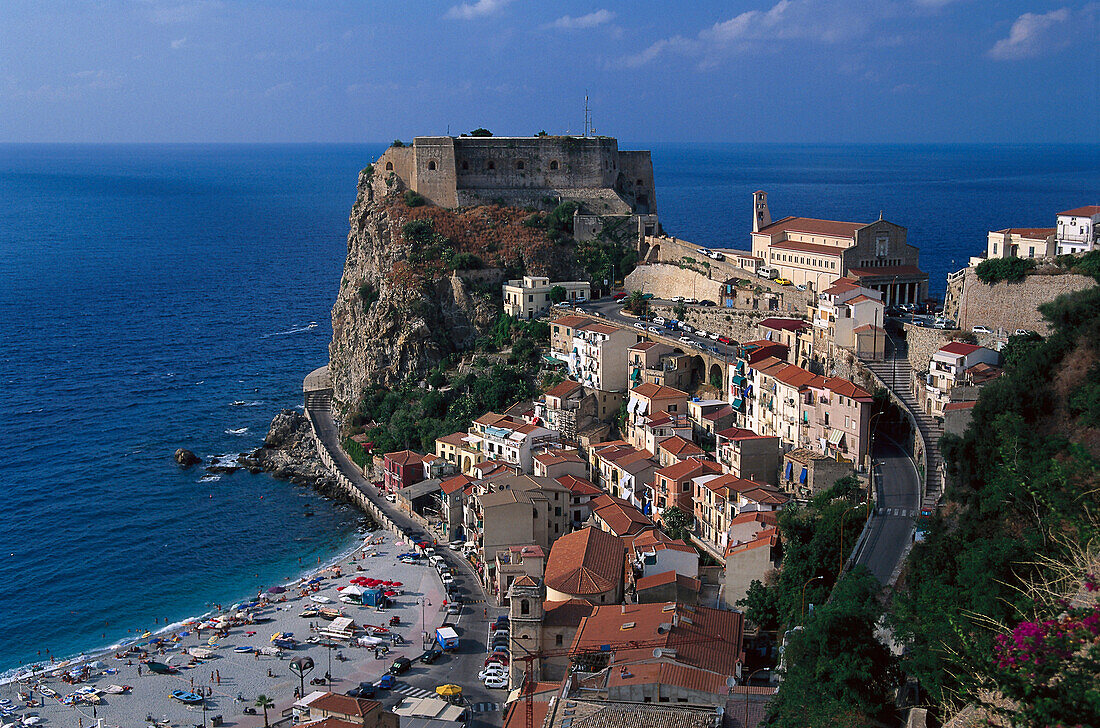 Village above a bay in the sunlight, Scilla, Calabria, Italy, Europe
