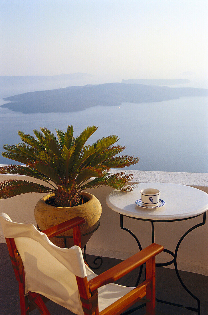 Deserted balcony with seaview, Hotel Nostos Traditional House, Imerovigli, Santorin, Cyclades, Greece, Europe