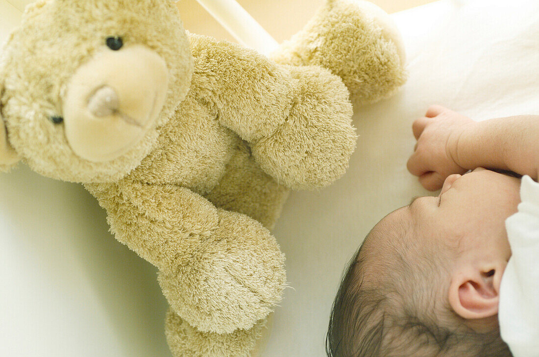 Sleeping baby with teddy bear, people baby