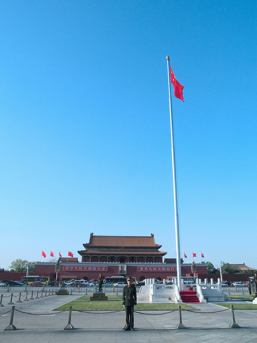 Soldier standing on the Tiananmen Square, Peking, China, Asia