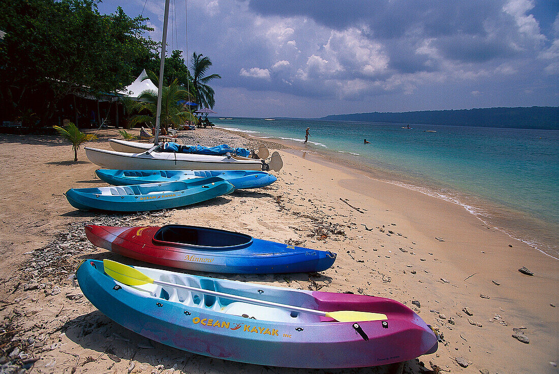 Kayaks on Beach, Hideaway Island Resort, Vanuatu South Seas