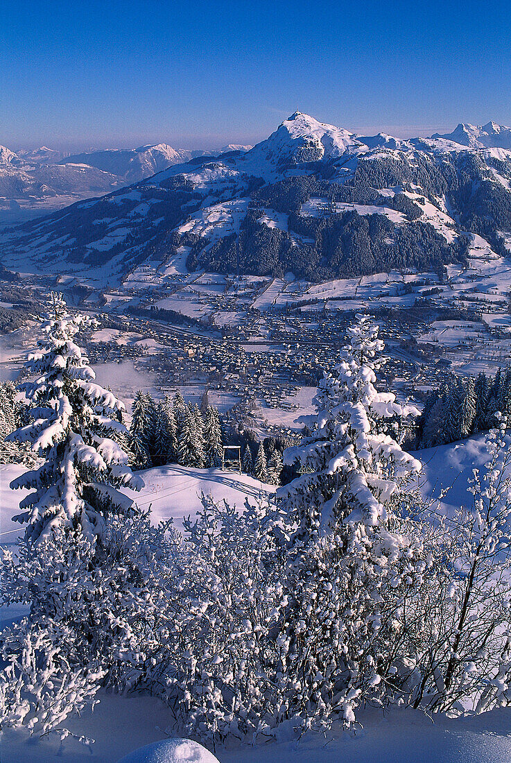 View over winter landscape, skiing region Kitzbuhel, Tyrol, Austria