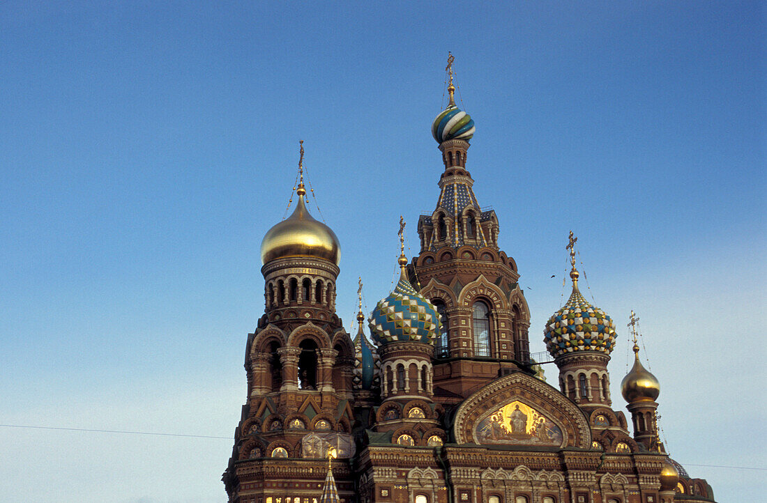 The richly decorated onion domes of the church of the Savior on Blood, St. Petersburg, Russia