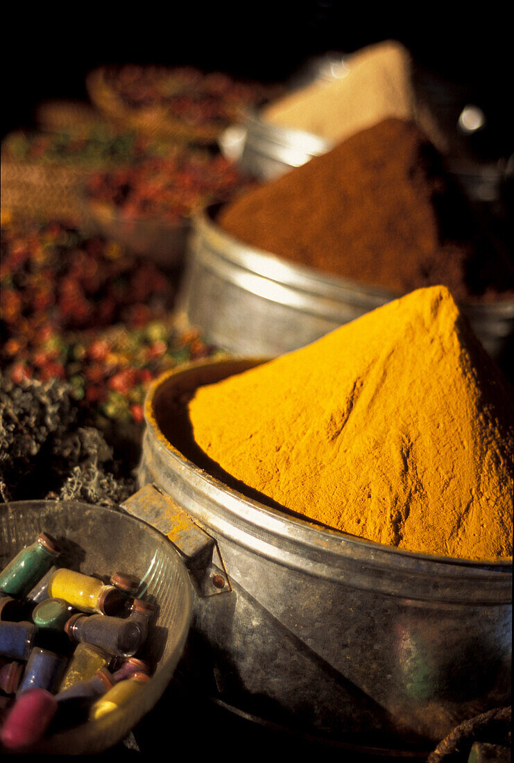 Spices in big pots in the Souks, Marrakesh, Morocco, Africa