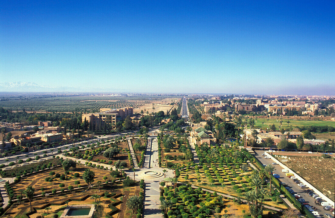 View of the Menara gardens from Koutoubia mosque, Marrakesh, Morocco