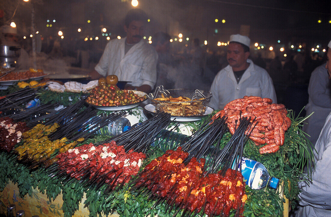 Market stand with food, Jemaa El Fna, Marrakesh, Morocco, Africa