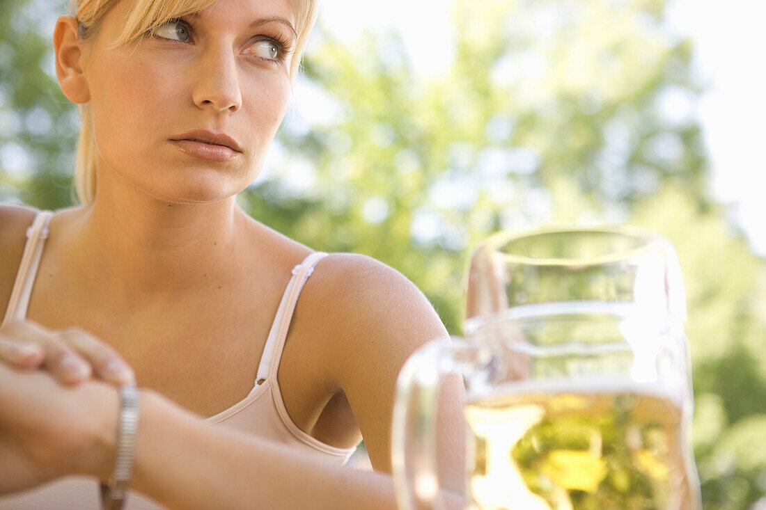 Woman in beergarden, Starnberger See Bavaria, Germany