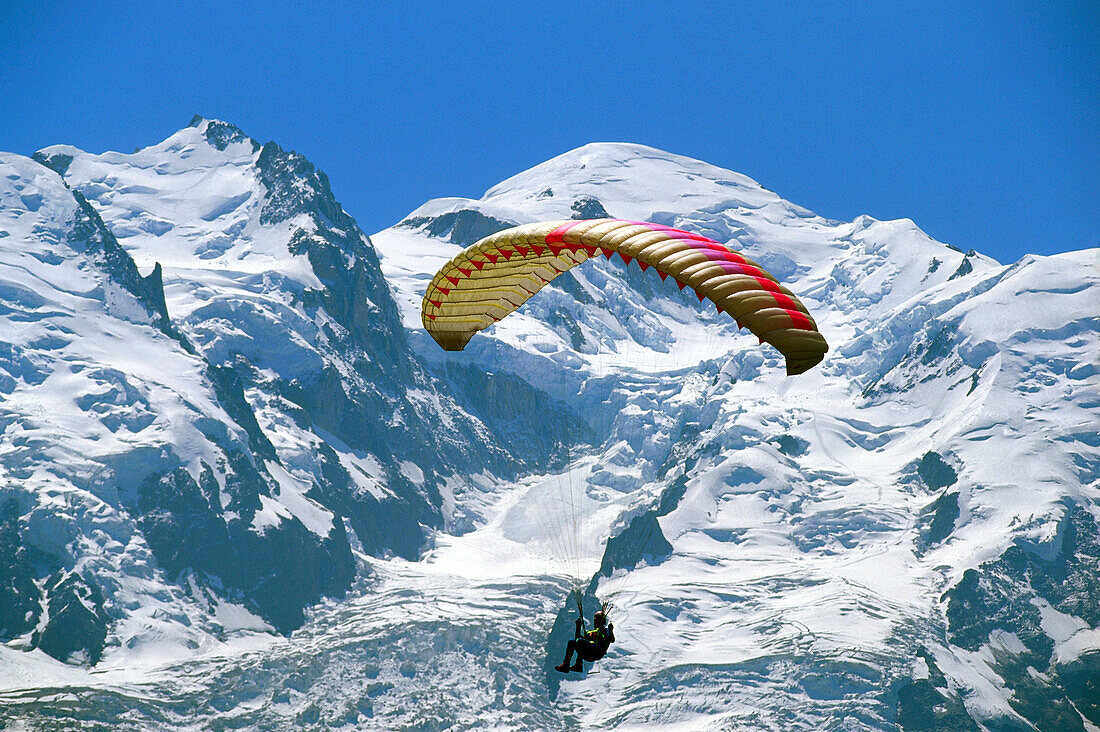 Paragliding near Mont Blanc, Chamonix, Rhone-Alpes, Haute-Savoie, France