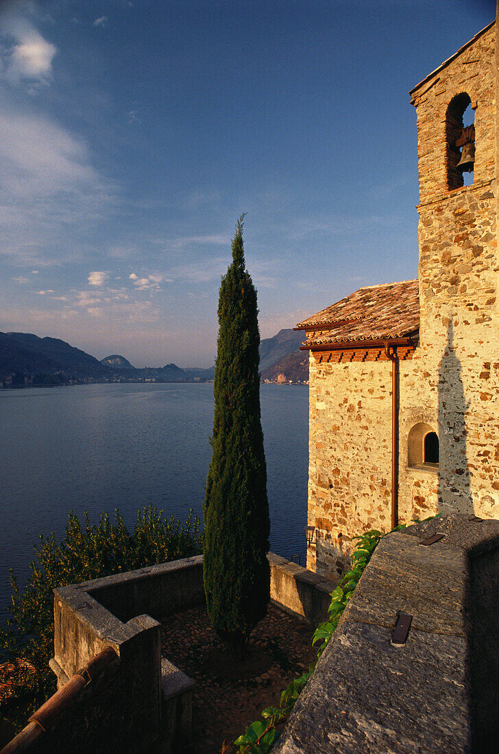 A castle at the village Morcote with view at the Lake Lugano, Ticino, Switzerland