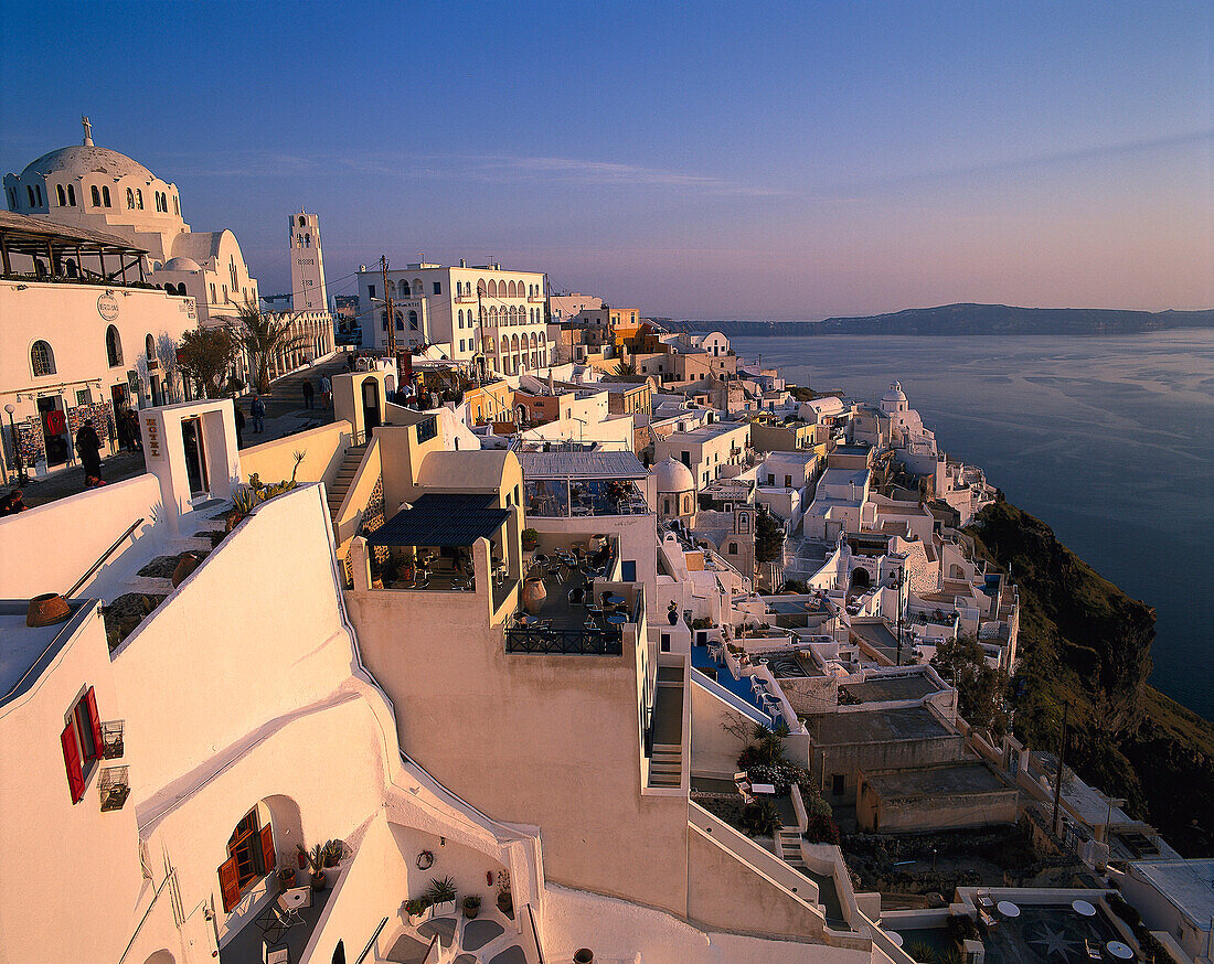 Roofs and terraces in the evening light, Thira, Santorin, Greece, Europe