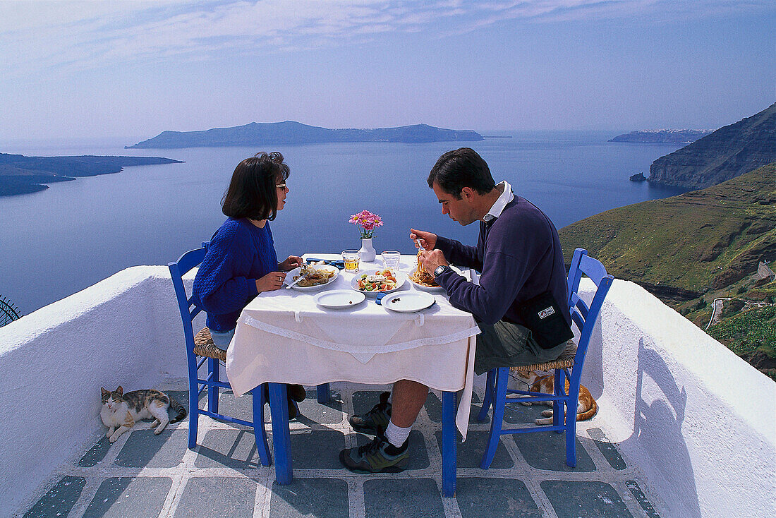 Lunch on a patio at Thira, Santorin Greece