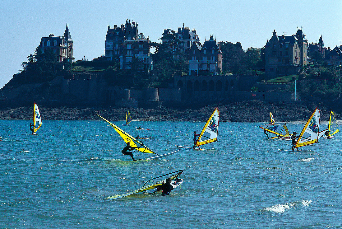 Coast and sailboarders in the sunlight, Dinard, Brittany, France, Europe